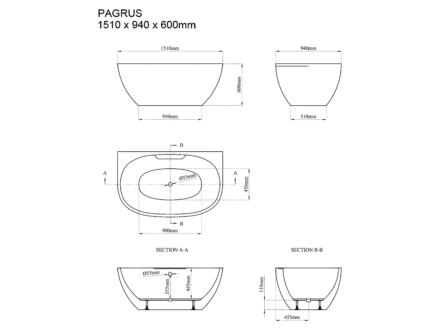 Banheira semi-clássica oval de 197 L dimensões 151 x 94 x 60 cm cor branco em acrílico - PAGRUS