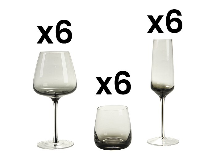 Juego de 6 copas de champán + 6 copas + 6 vasos de cristal soplado