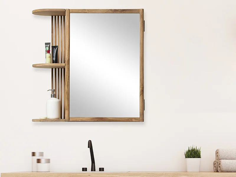 Armoire murale de salle de bain en teck avec miroir et niches - Coloris naturel - CIMAHI