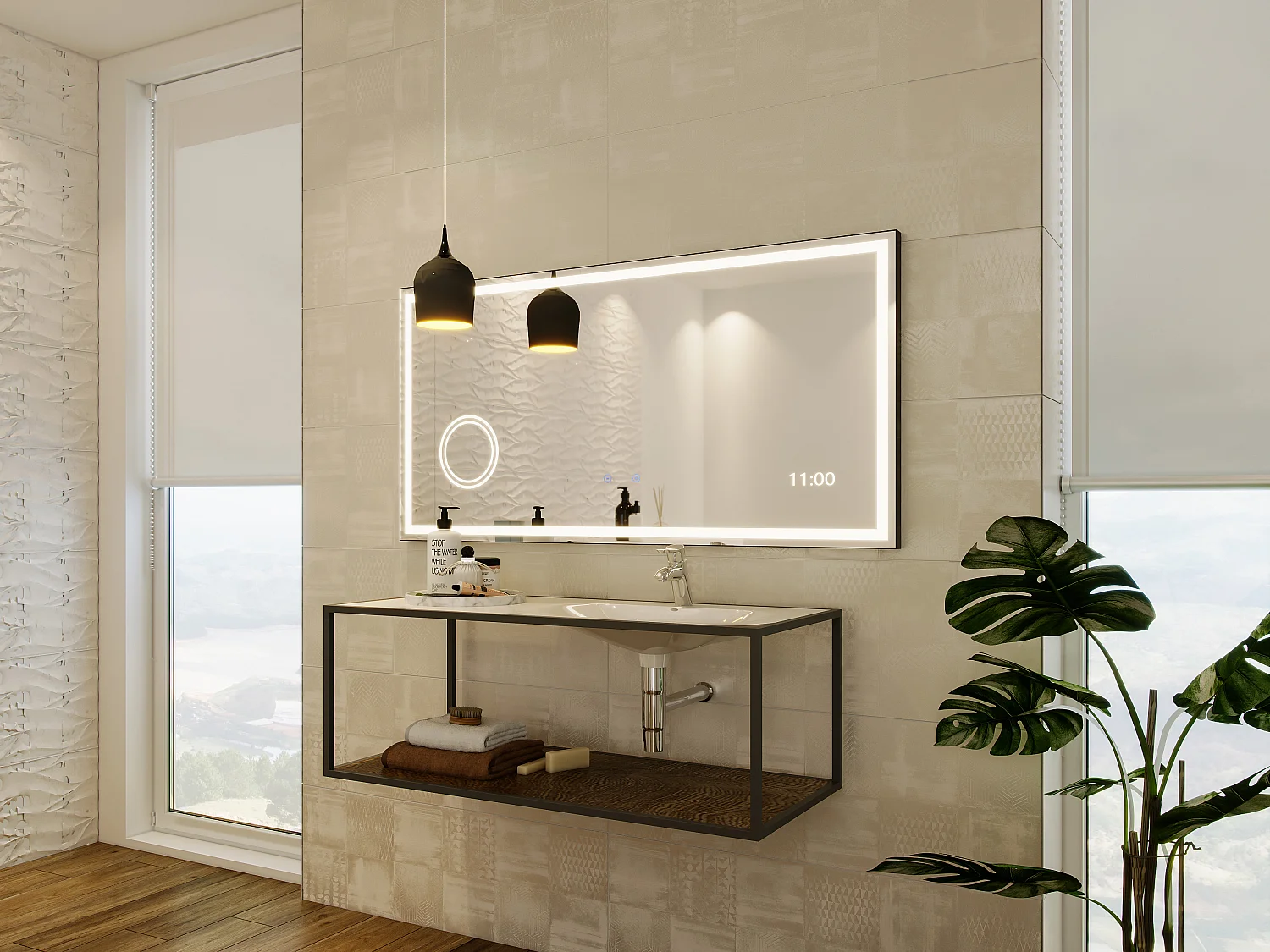 Specchio da bagno rettangolare con orologio digitale - 120 x 60 cm - AITANA