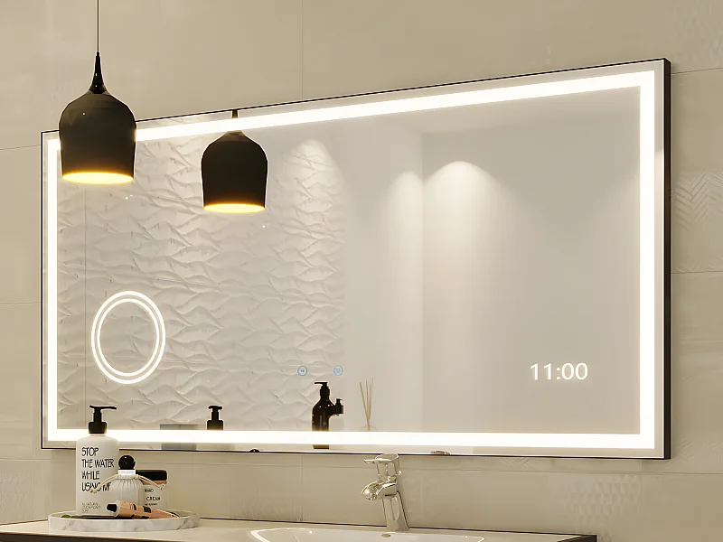 Miroir de salle de bain rectangulaire lumineux avec horloge digitale - 120 x 60 cm - AITANA