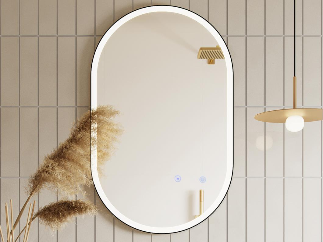 Miroir de salle de bain lumineux ovale anti buée avec contour noir - 50 x 80 cm - ALARICO