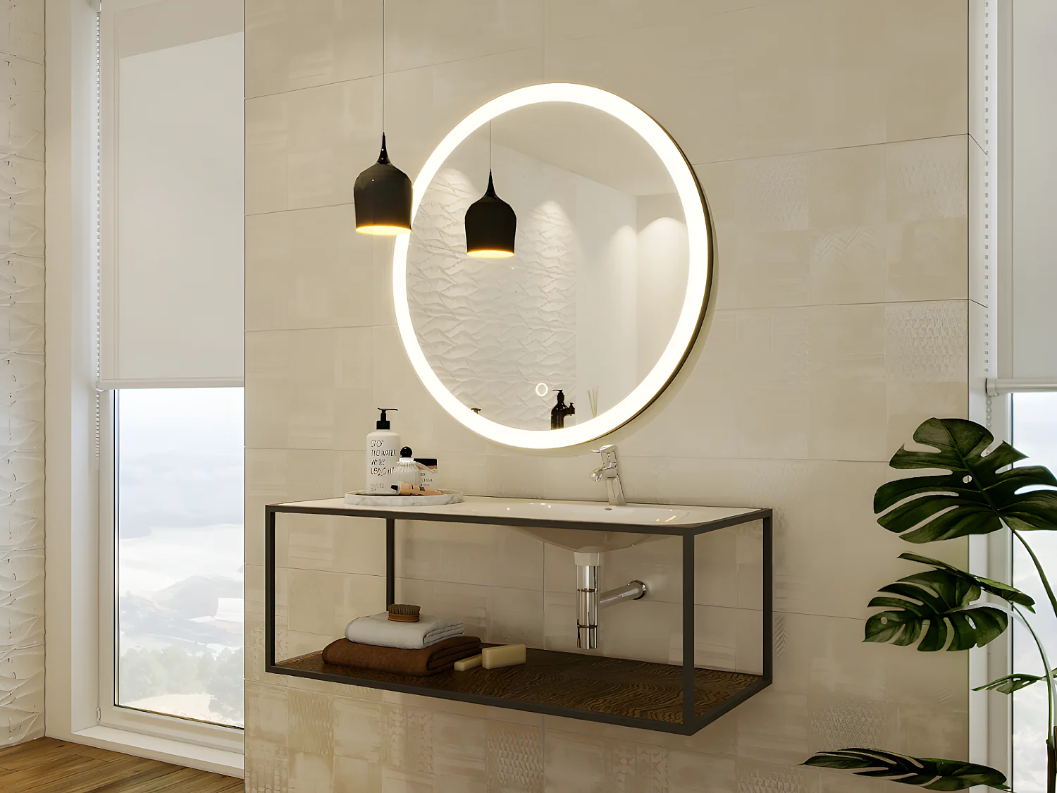 Miroir de salle de bain lumineux rond noir avec Leds - D. 80 cm - NUMEA