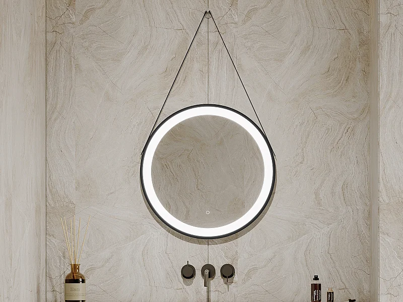Miroir de salle de bain lumineux anti buée suspendu avec accroche et contour noir - 60 x 60 cm - BORJA