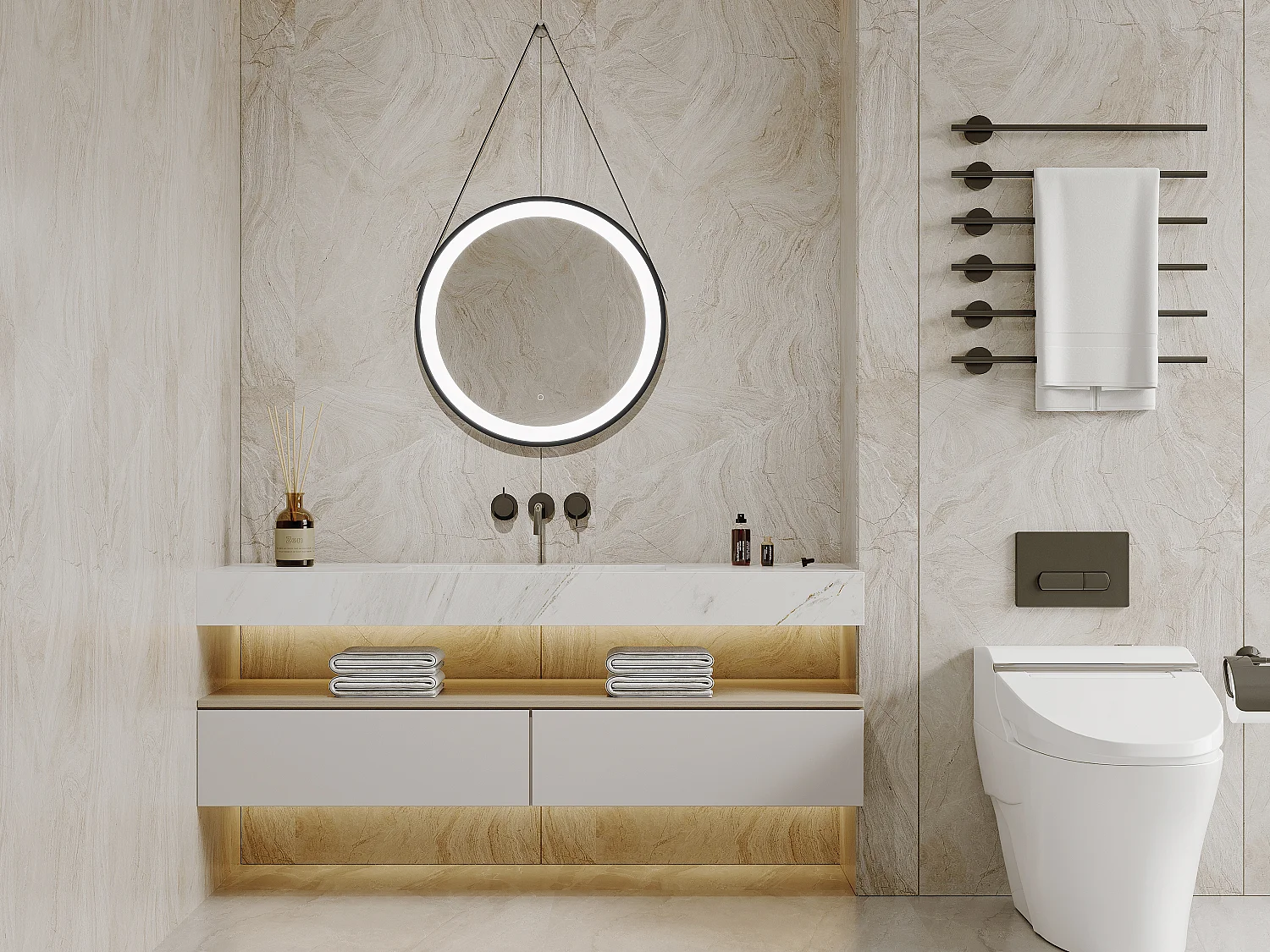 Miroir de salle de bain lumineux anti buée suspendu avec accroche et contour noir - 60 x 60 cm - BORJA