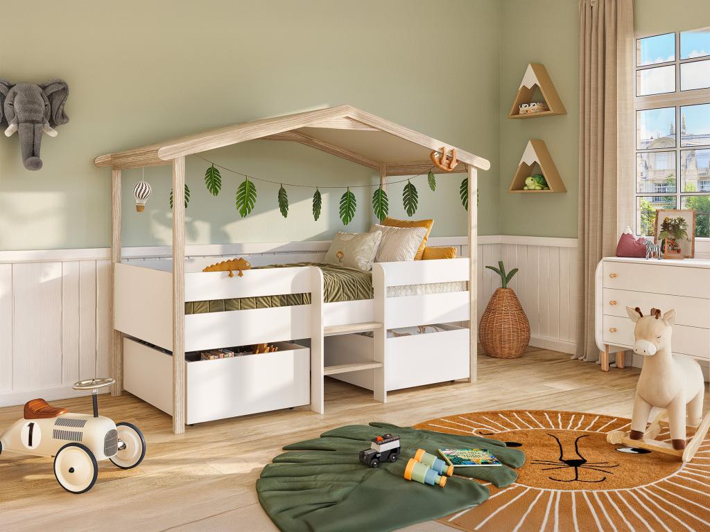 Kinderbett Hausbett mit Schubladen + Matratze - Lindenholz - 90 x 190 cm - günstig online kaufen