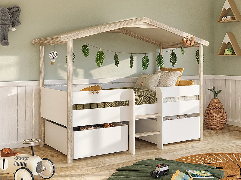 Kinderbett Hausbett mit Schubladen + Matratze - Lindenholz - 90 x 190 cm -  Weiß & Eichefarben - SAROSI