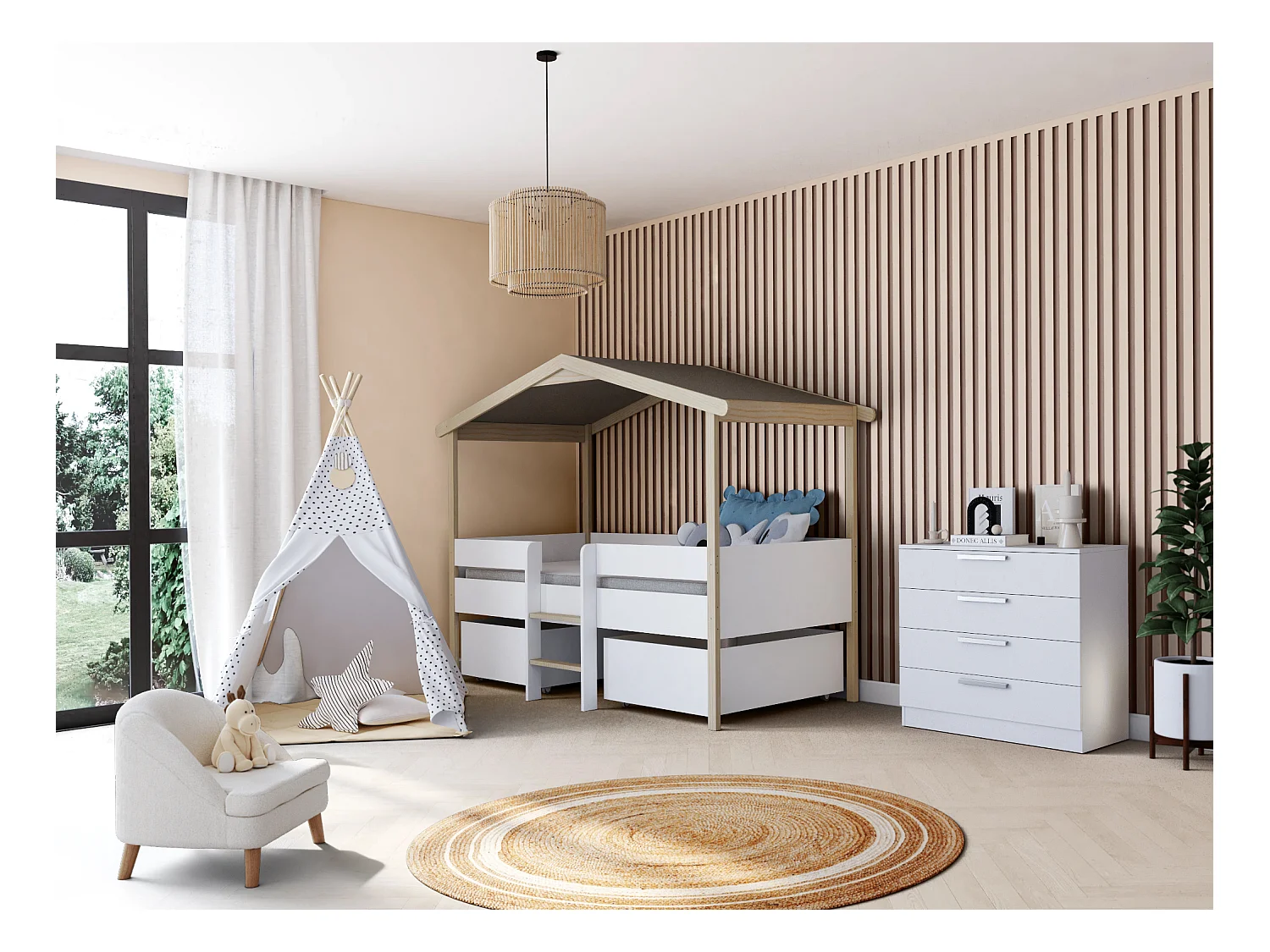 Łóżko w kształcie domku SAROSI z szufladami – 90 × 190 cm – drewno lipowe – kolor biały i dębowy, w zestawie z materacem