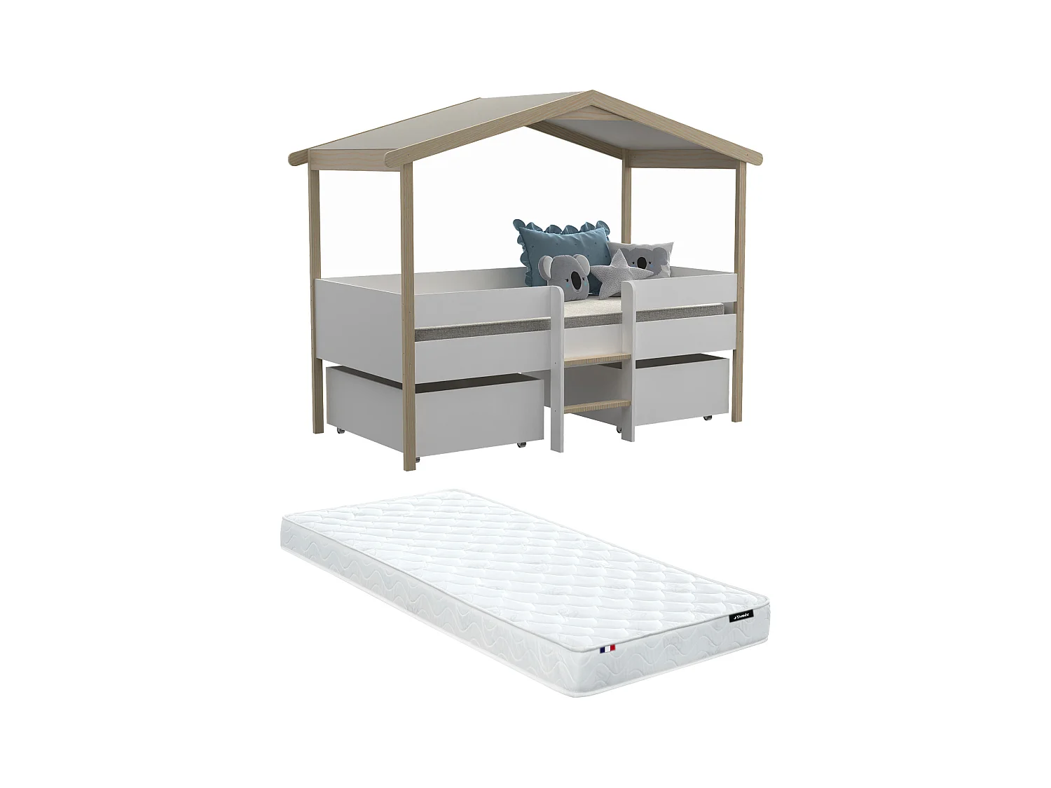 Łóżko w kształcie domku SAROSI z szufladami – 90 × 190 cm – drewno lipowe – kolor biały i dębowy, w zestawie z materacem