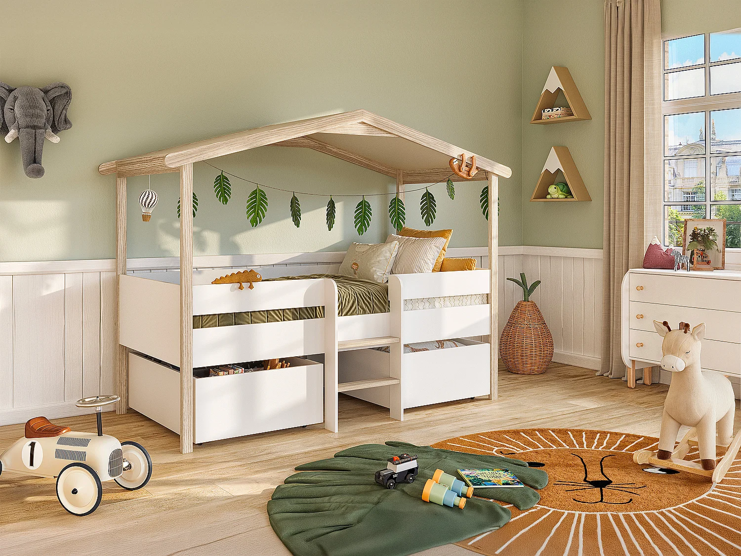 Lit cabane SAROSI avec tiroirs - 90 x 190 cm - Tilleul - Blanc et chêne + matelas