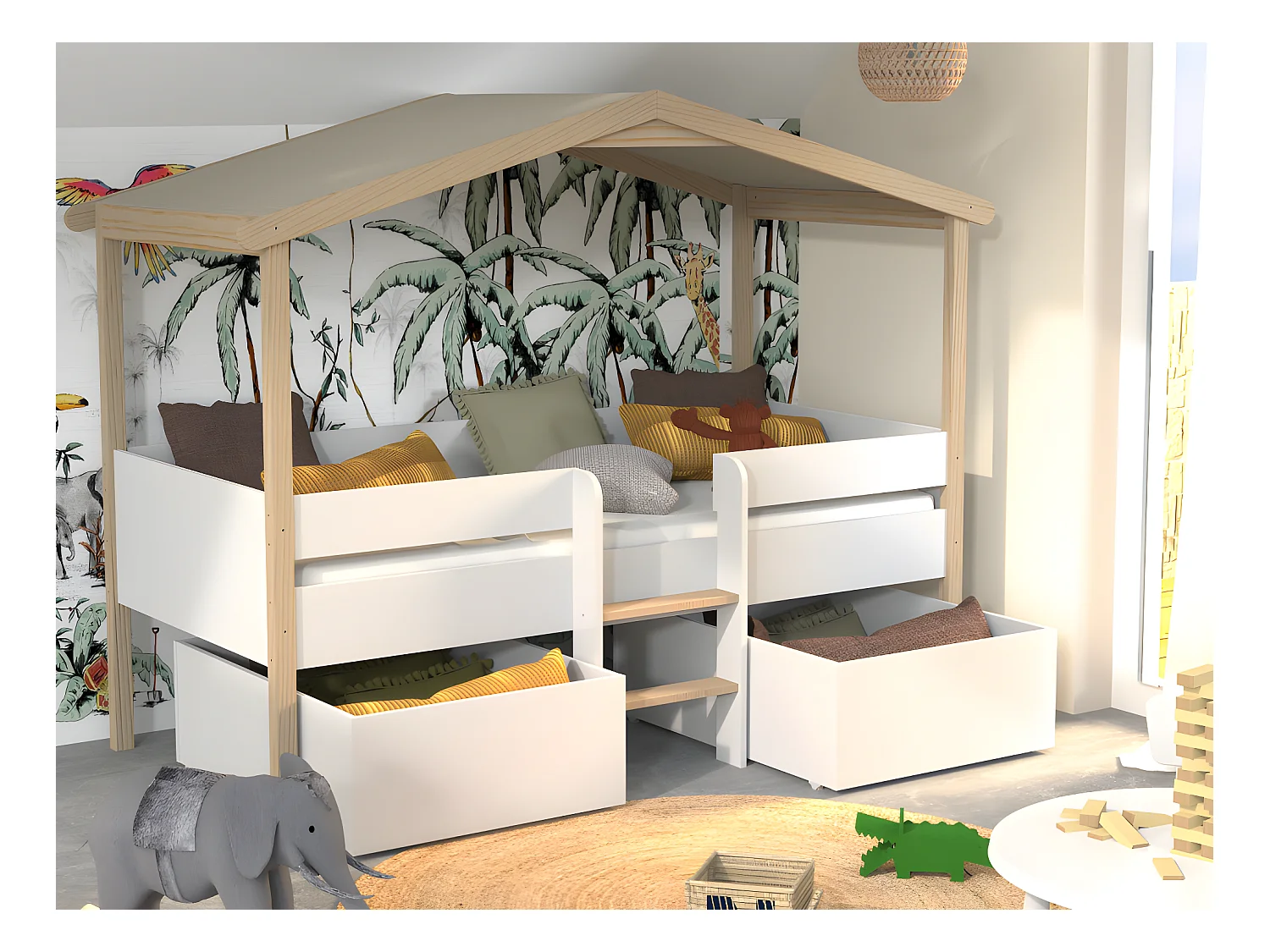 Letto a capanna con cassetti + Materasso 90 x 190 cm Tiglio Bianco e Rovere - SAROSI