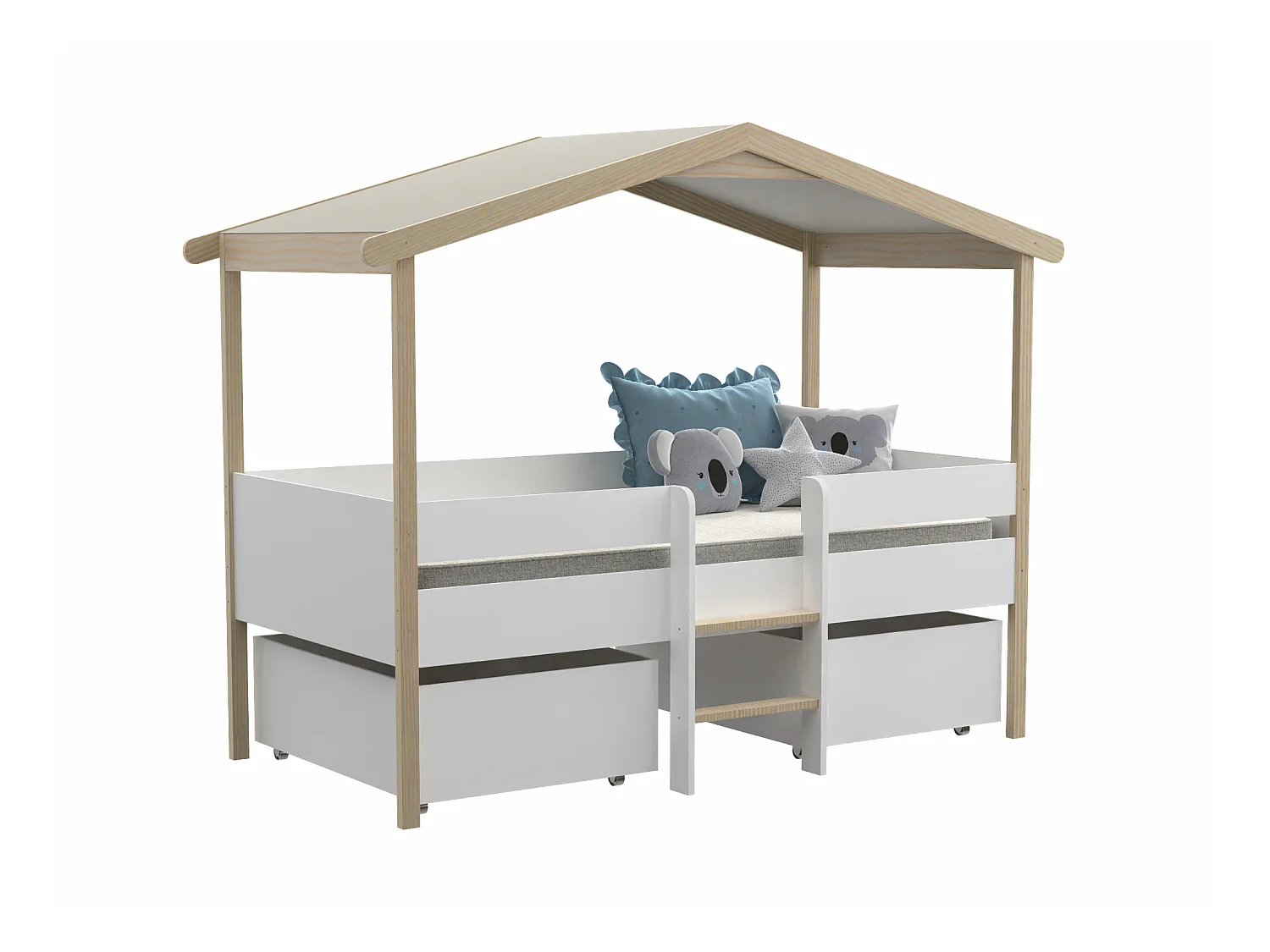 Letto a capanna con cassetti + Materasso 90 x 190 cm Tiglio Bianco e Rovere - SAROSI