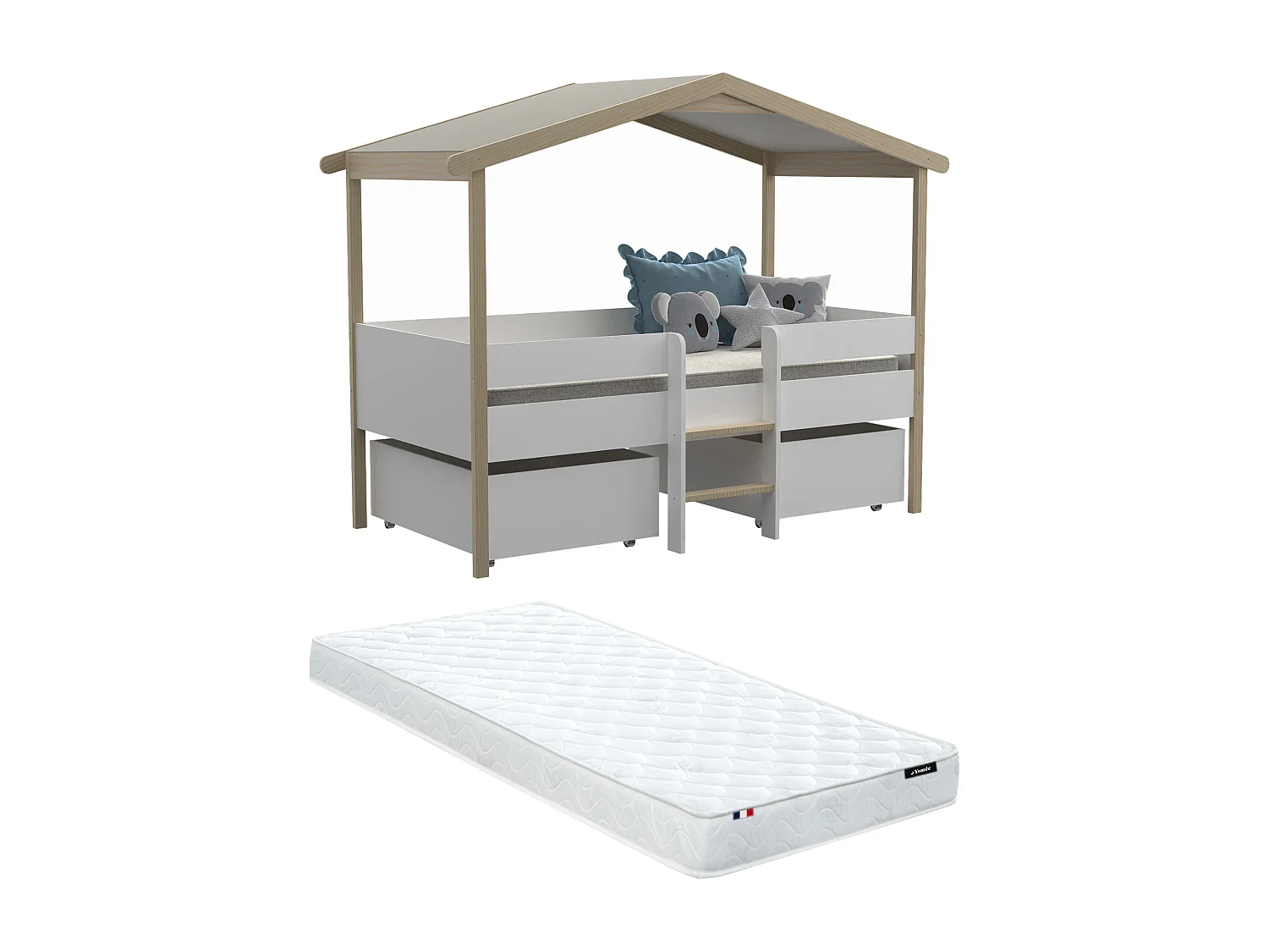 Hutbed SAROSI met laden - 90 x 190cm - Linden - Wit en eiken + matras