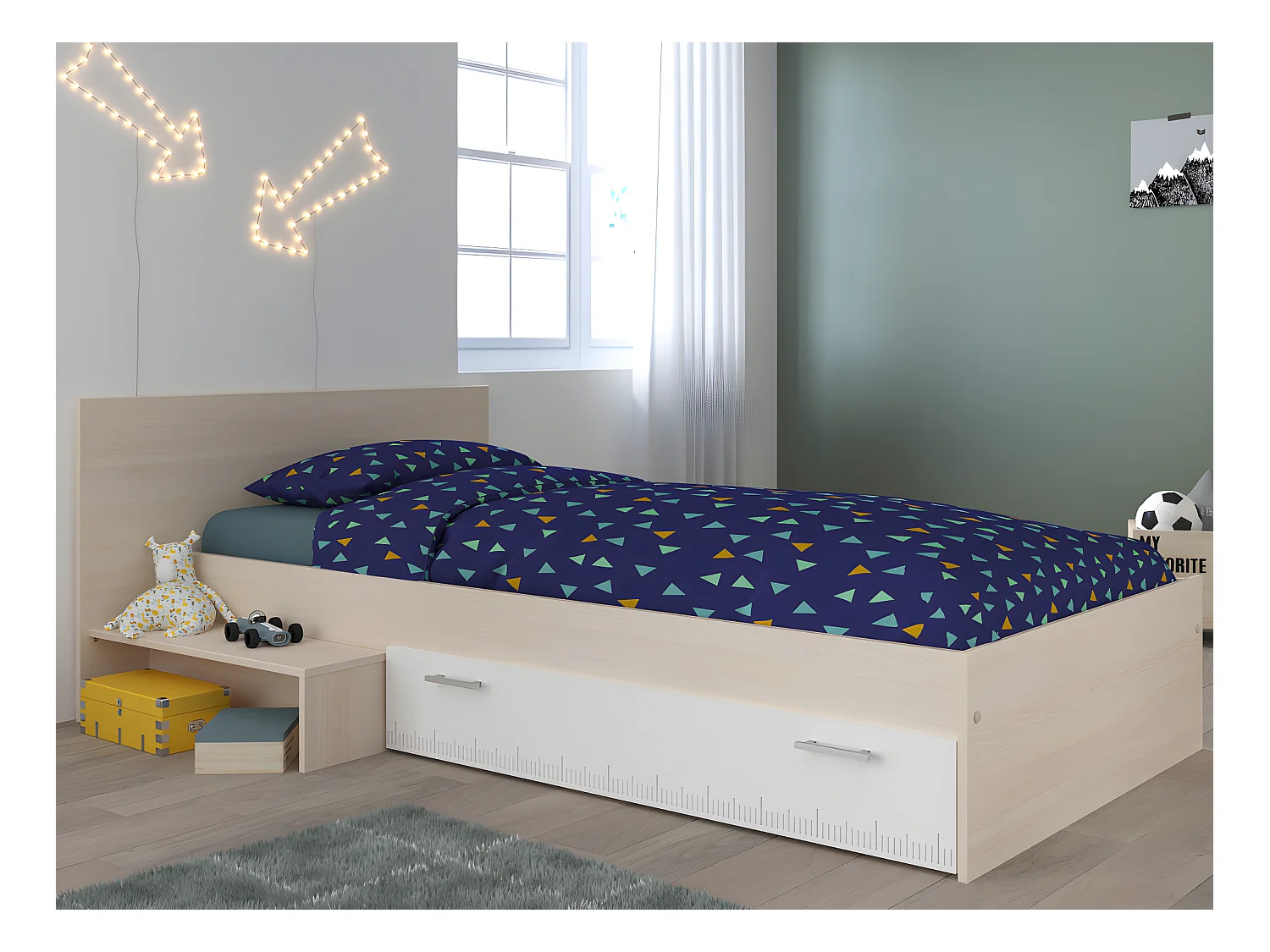 Lit enfant 90 x 190 cm avec 1 tiroir - Coloris : Naturel et blanc + sommier + matelas - IPLIA