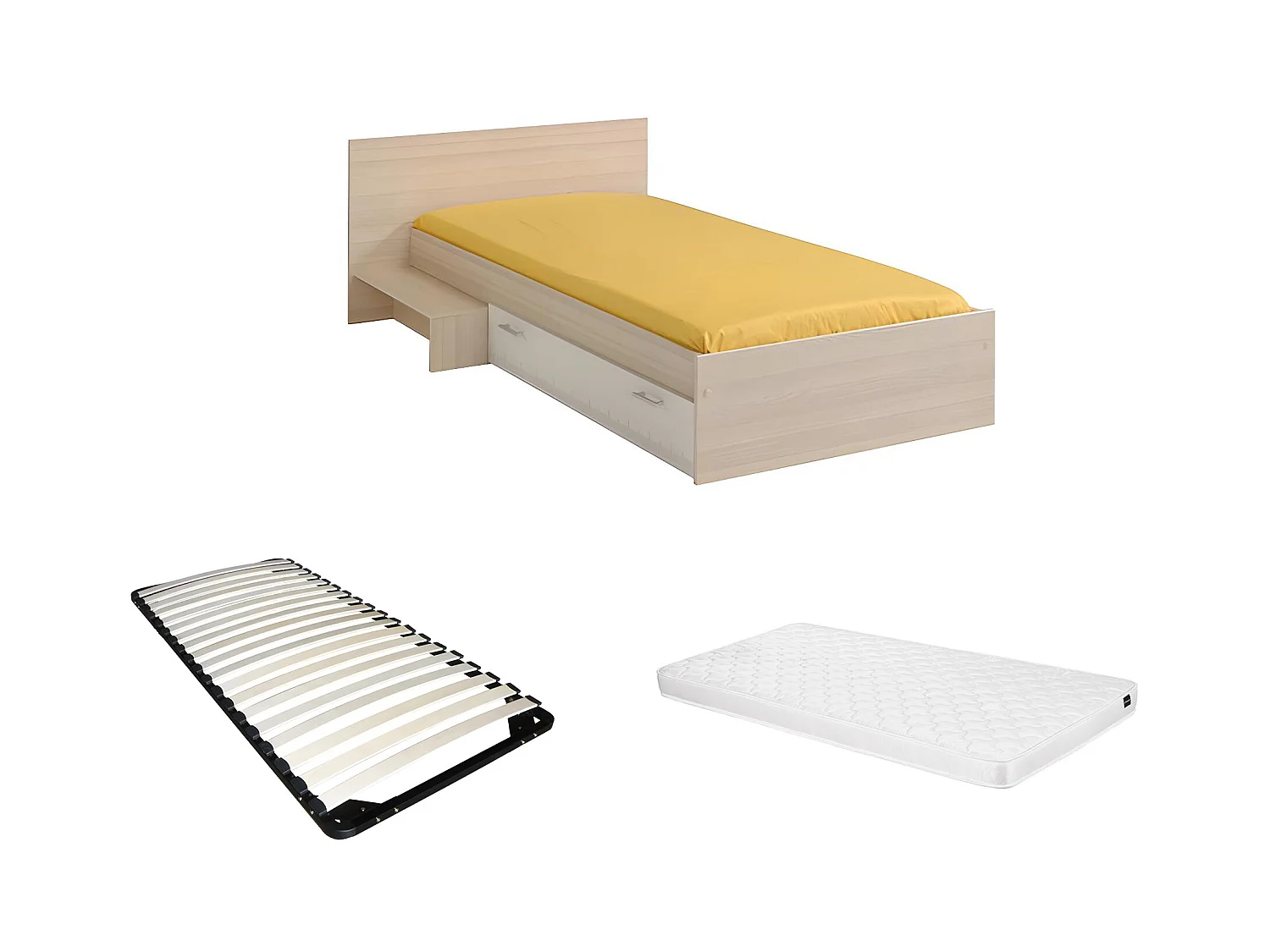 Łóżko dziecięce – 1 szuflada – 90 × 190 cm – Kolory: naturalny i biały + stelaż + materac - IPLIA