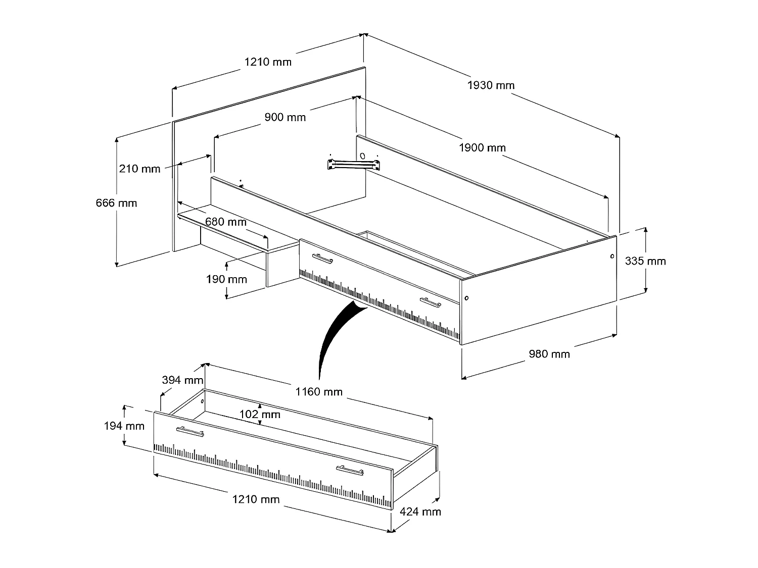 Łóżko dziecięce – 1 szuflada – 90 × 190 cm – Kolory: naturalny i biały + stelaż + materac - IPLIA