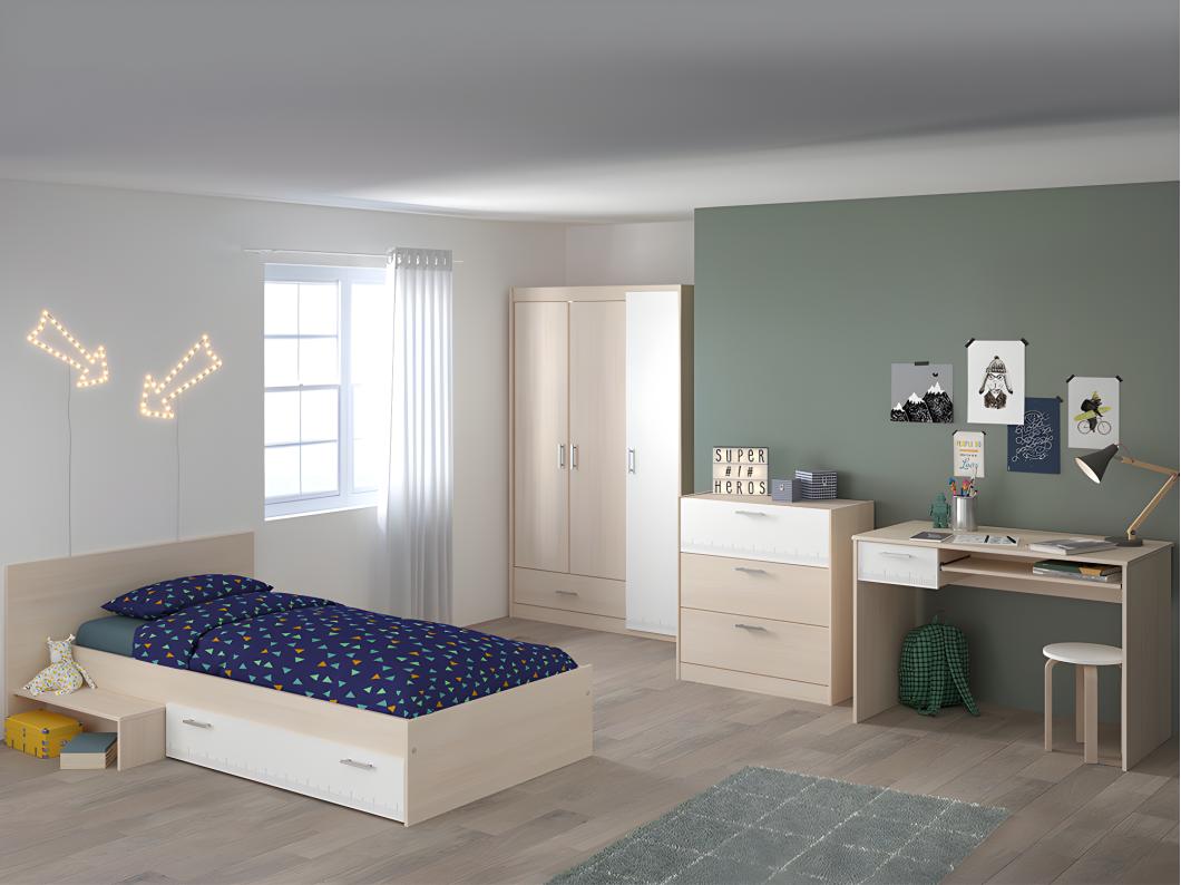 Kinderbed - 1 lade - 90 x 190 cm - Eikenkleur & wit + bedbodem + matras - IPLIA