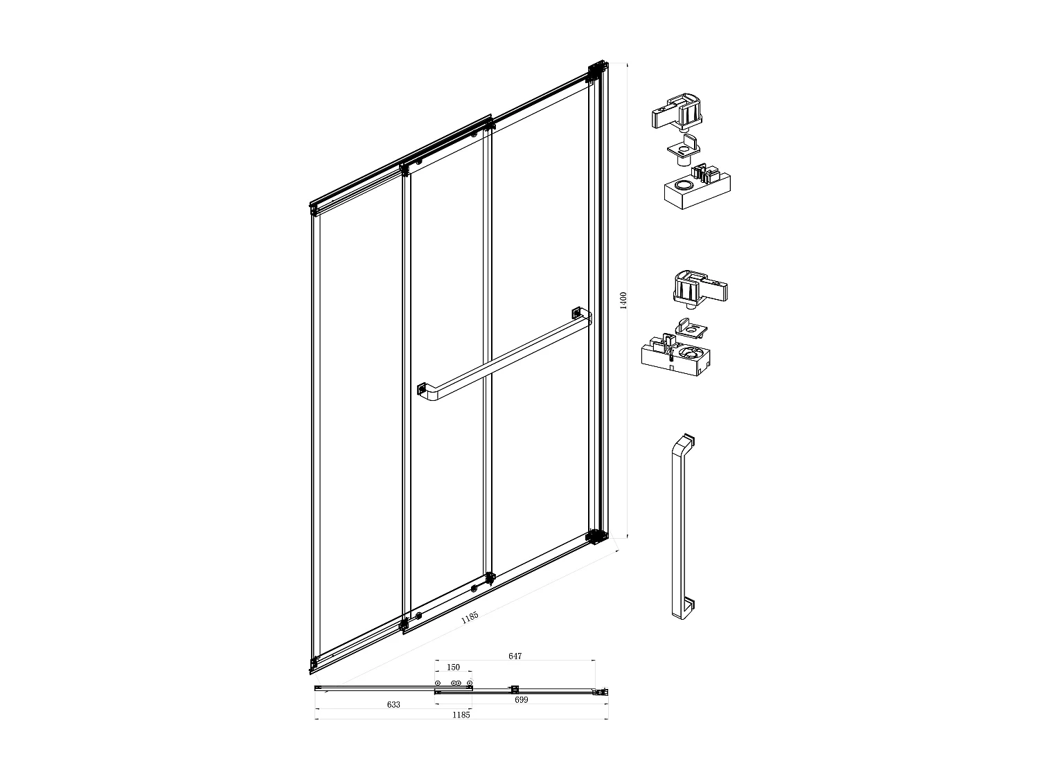 Pare baignoire coulissant noir mat avec porte serviette - 120x140 cm - WAIMEA