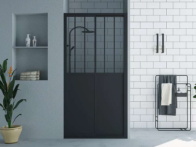 Porte de douche coulissante noir mat style atelier - 100 x 195 cm - URBANIK