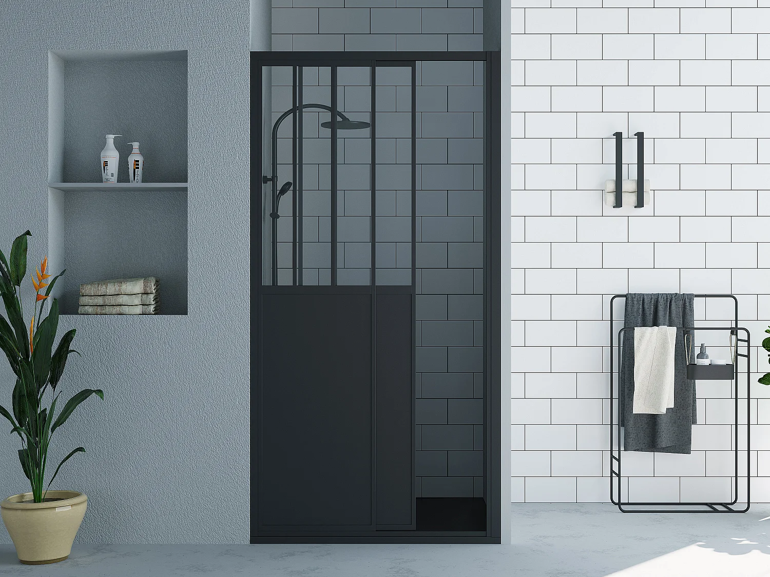 Puerta de ducha corredera negro mate estilo atelier - 100 x 195 cm - URBANIK