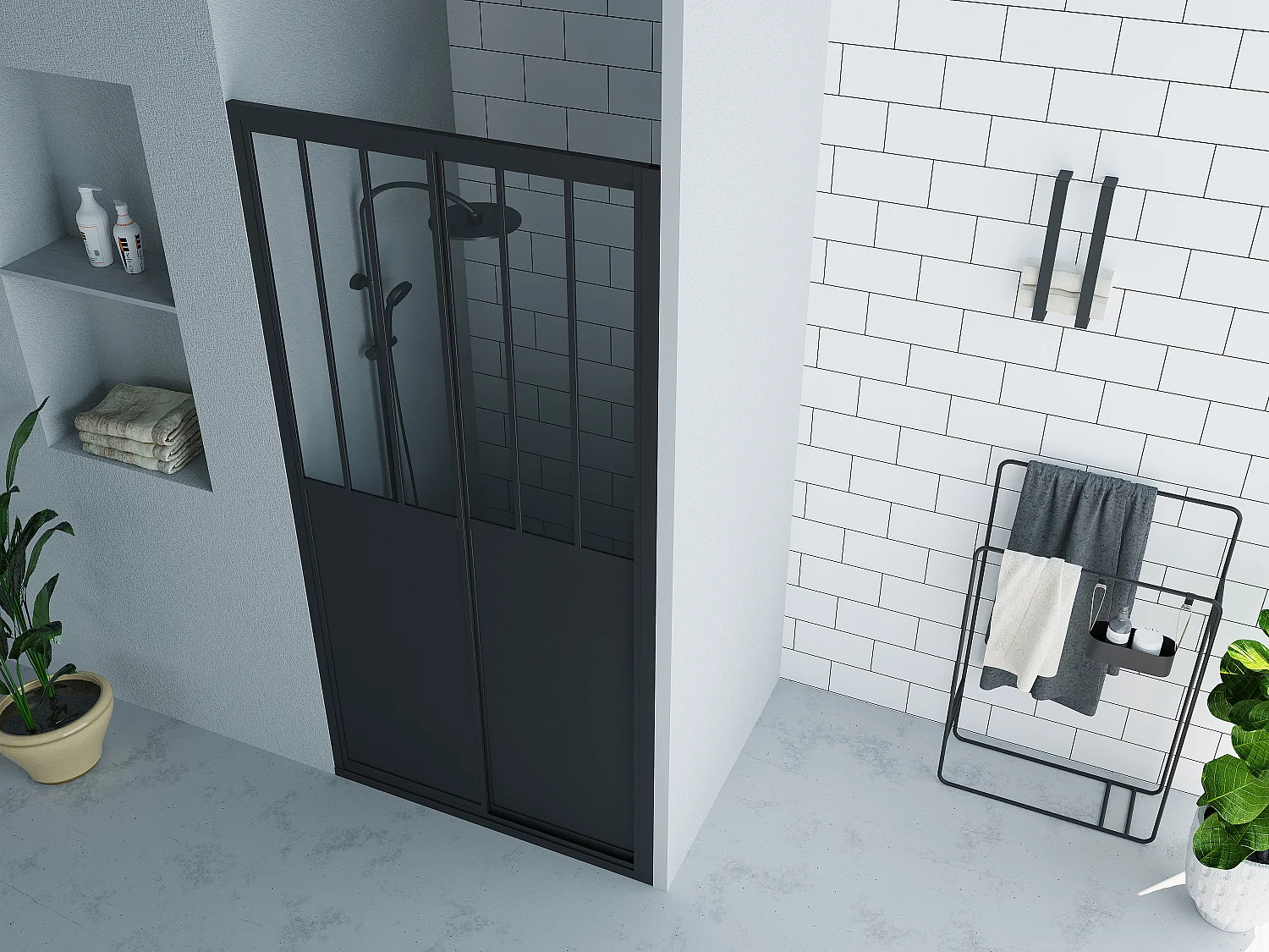 Puerta de ducha corredera negro mate estilo atelier - 100 x 195 cm - URBANIK