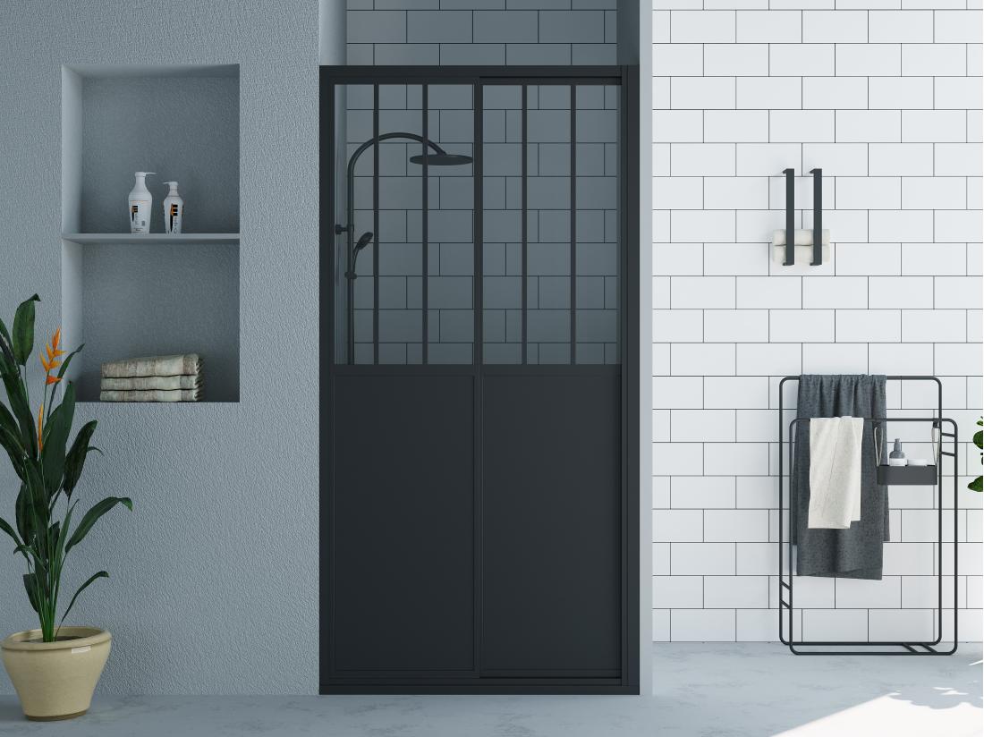 vente unique Porte de douche coulissante noir mat style atelier - 100 x 195 cm - URBANIK