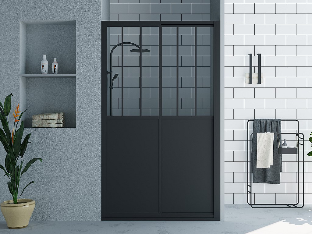 Duschtrennwand Seitenwand Schiebetür - Industrial Style - 120 x 195 cm - Schwarz matt - URBANIK