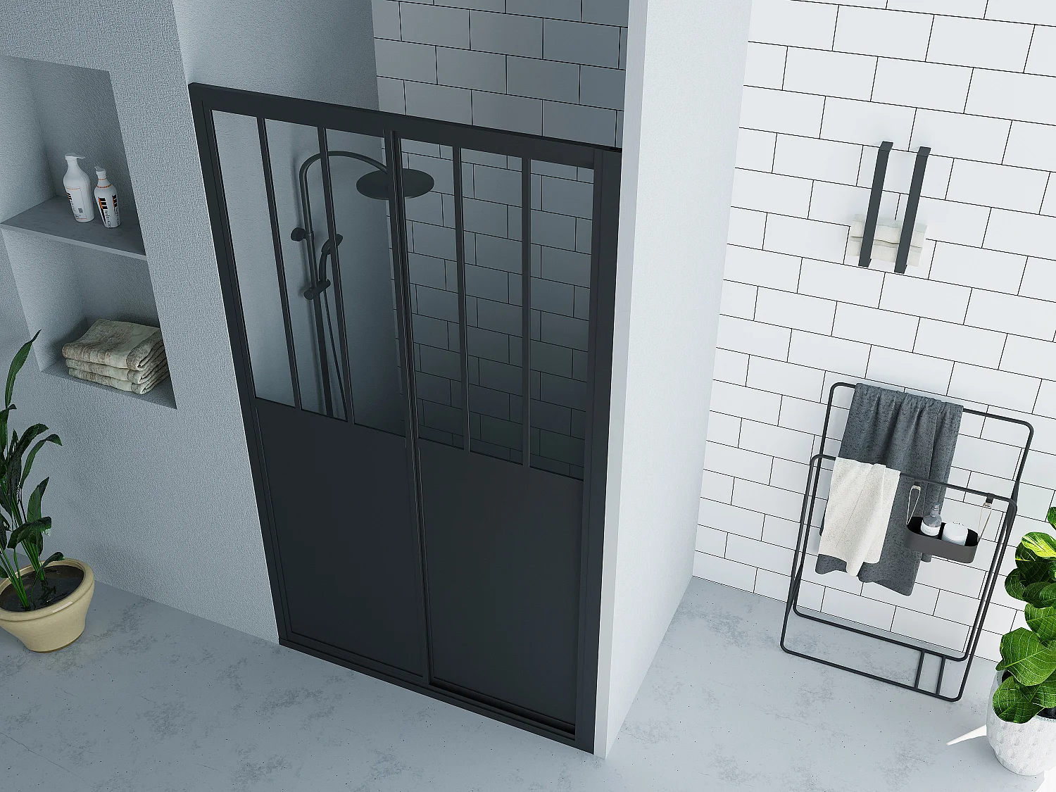 Porta de duche de correr preto mate estilo atelier 120 x 195 cm - URBANIK