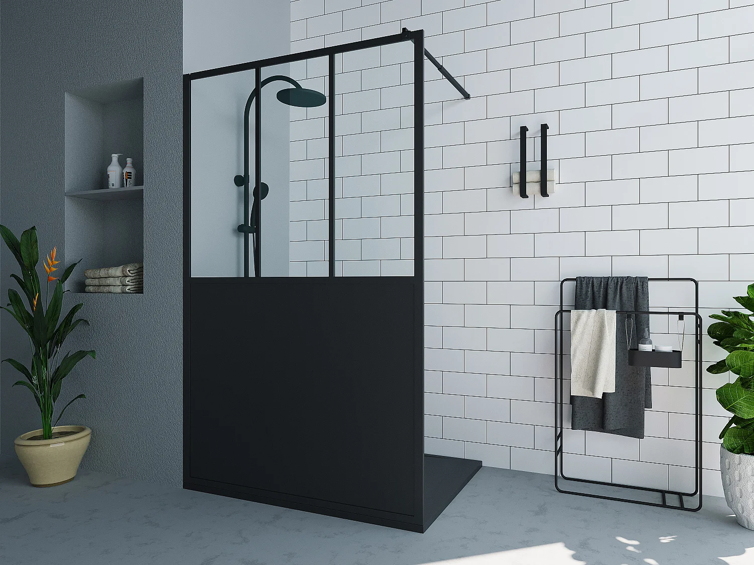 Paroi de douche à l'italienne style atelier - Noir mat - 120 x 200 cm - URBANIK