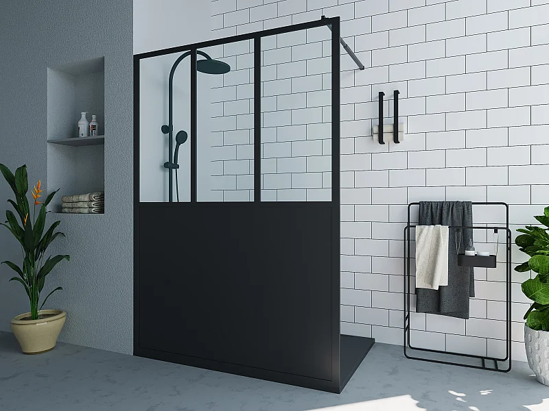 Duschtrennwand Seitenwand italienische Dusche - Schwarz matt - Industrial Style - 140 x 200 cm - URBANIK