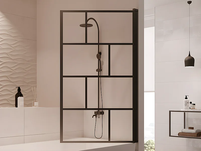 Mampara para bañera pivotante estilo industrial - 80x140 cm - Negro mate - Cristal - RIVANON