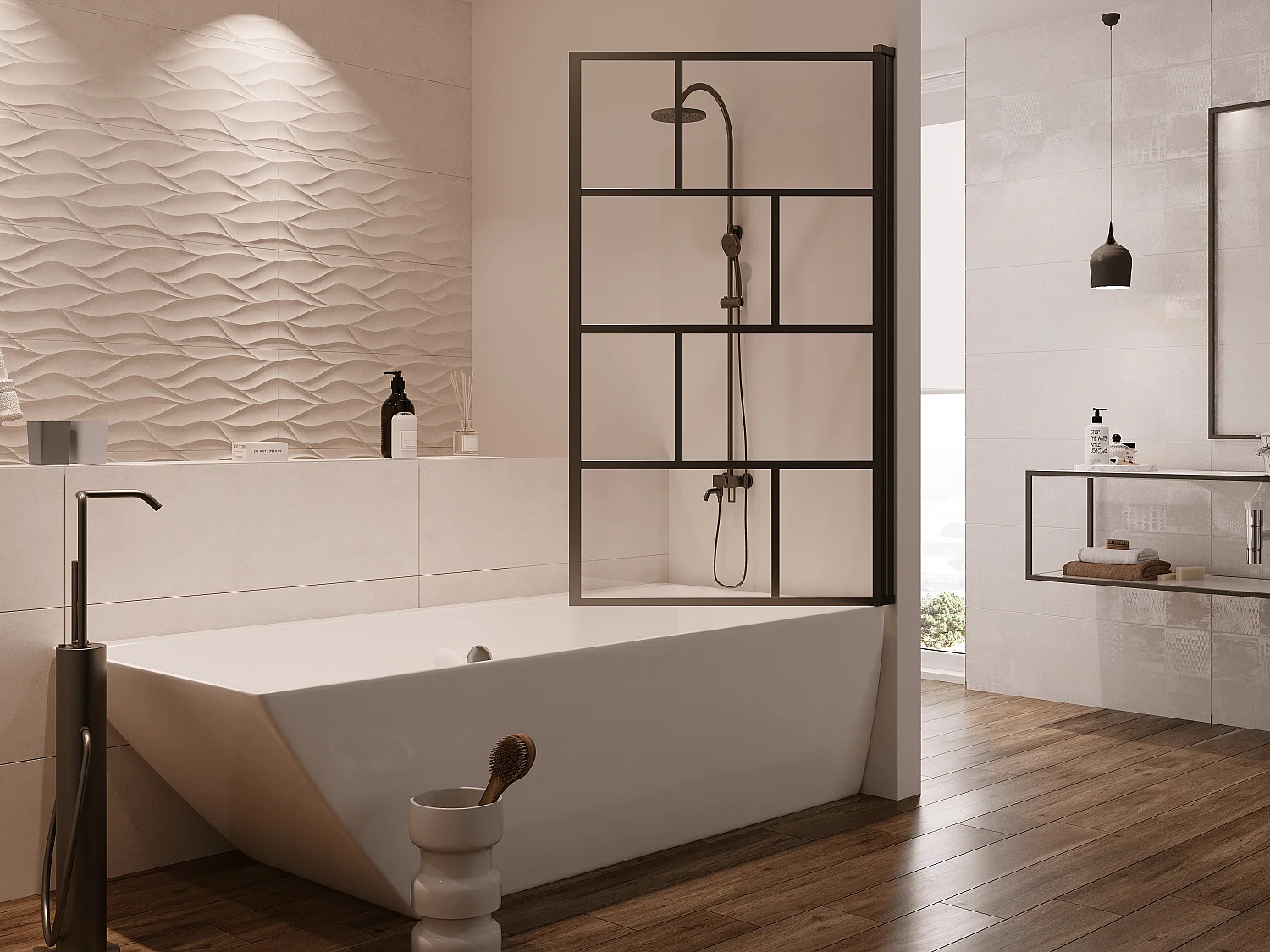 Pare baignoire pivotant style industriel - 80 x 140 cm - Noir mat - Verre - RIVANON