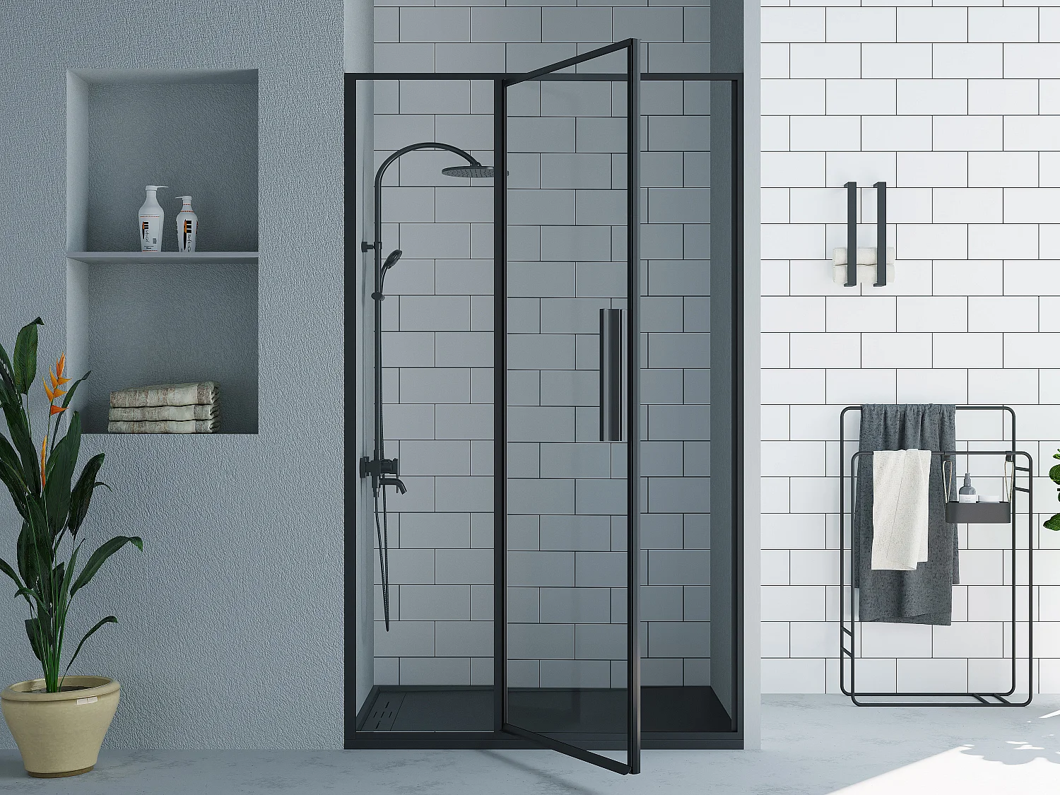 Porte de douche pivotante noir mat style industriel - 120 x 195 cm - TORONI