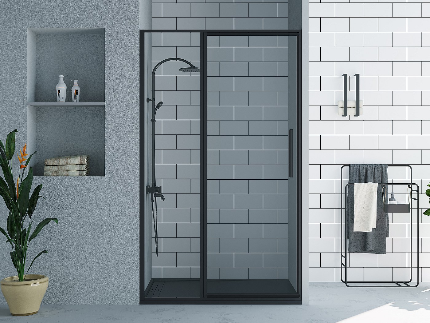 Porte de douche pivotante noir mat style industriel, 120 x 195 cm, TORONI