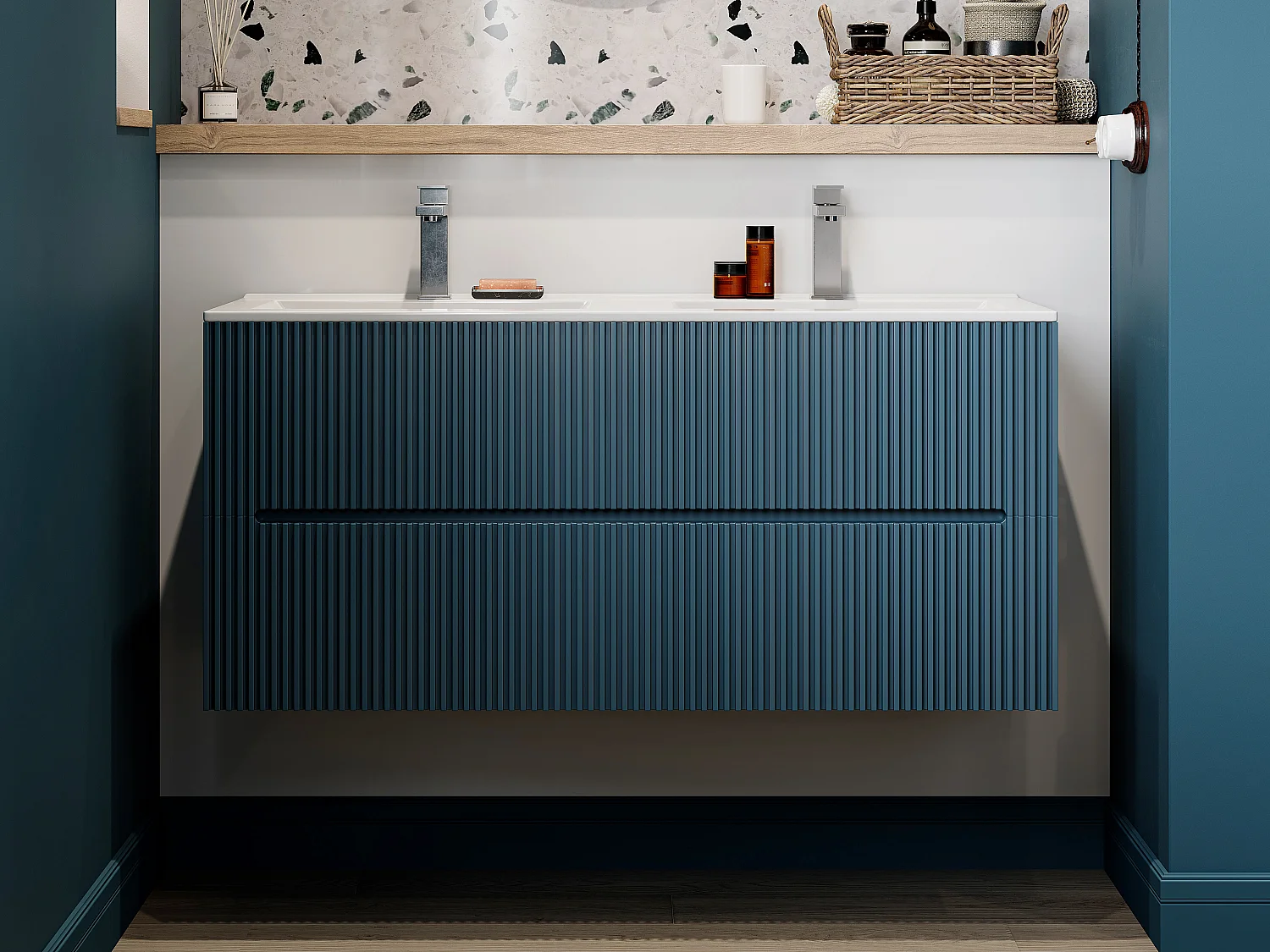 Meuble de salle de bain suspendu avec vasque à encastrer - Strié bleu - 120 cm - PAVANI