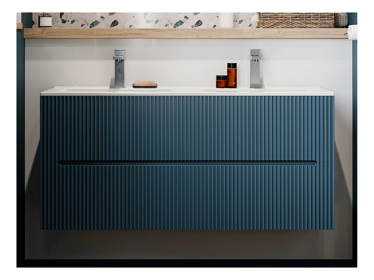 Meuble de salle de bain suspendu avec vasque à encastrer - Strié bleu - 120 cm - PAVANI