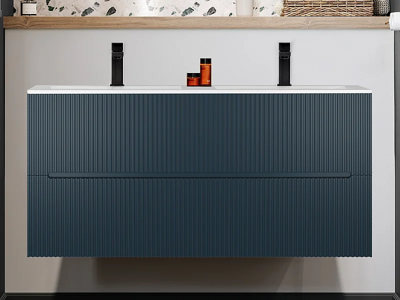 Meuble de salle de bain suspendu strié avec vasque à encastrer- Bleu - 120 cm - PAVANI