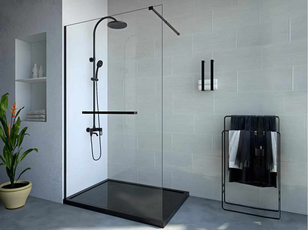Mampara de ducha italiana con toallero - 120 x 200 cm - Negro mate - Cristal templado - KRISTEN