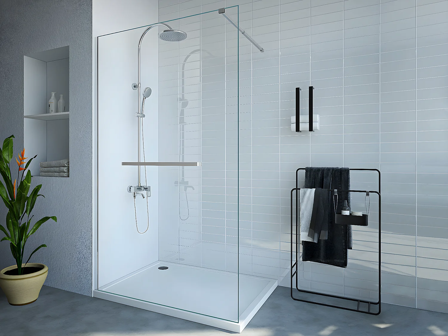 Paroi de douche à l'italienne avec porte-serviette - 120 x 200 cm - Chrome - Verre trempé - KRISTEN