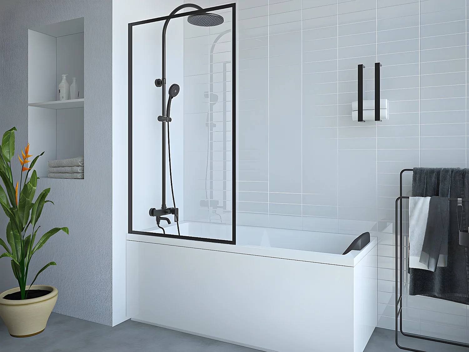 Mampara para bañera negro mate estilo industrial - 70 x 140 cm - Cristal templado - BRADENTON