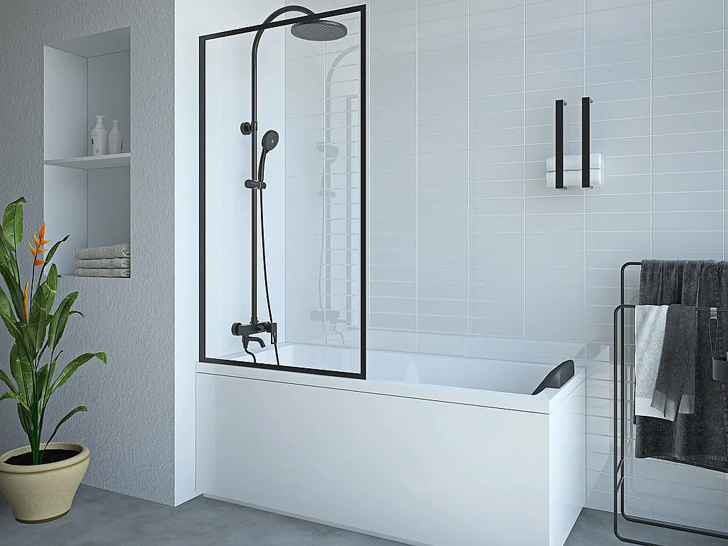 Pare baignoire noir mat style industriel - 80 x 140 cm - Verre trempé - BRADENTON