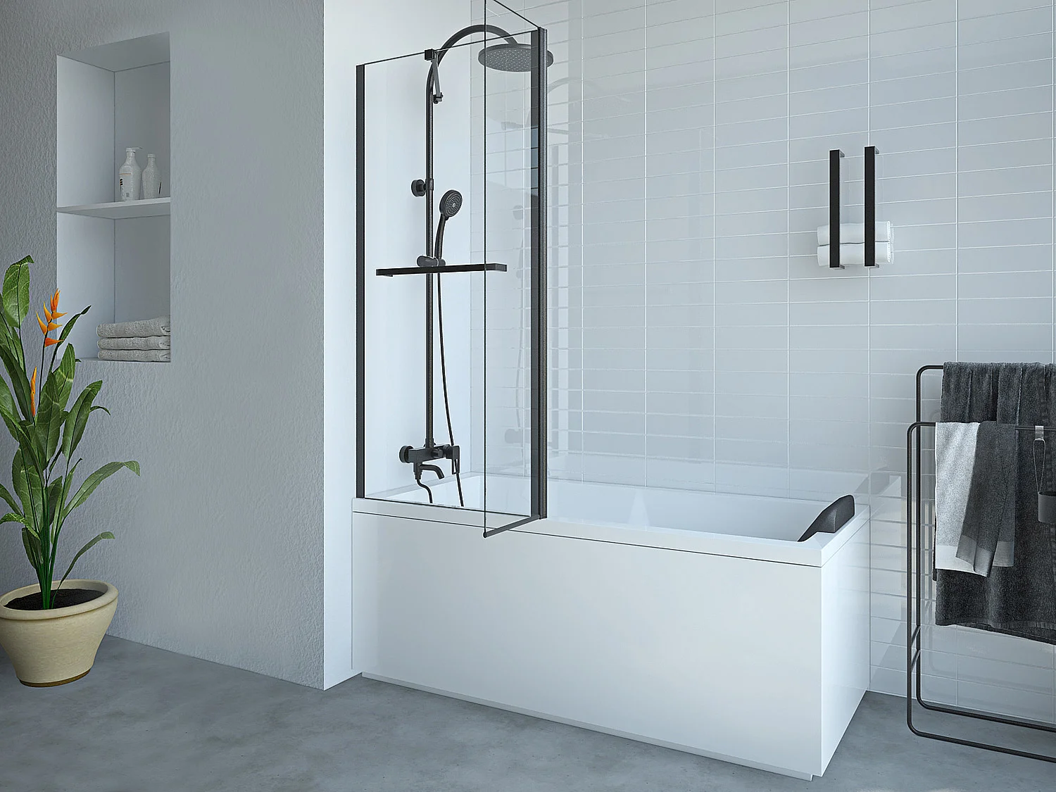 Pare baignoire avec porte-serviette et retour pivotant noir mat - (70 + 30) x 140 cm - PRIMAEL