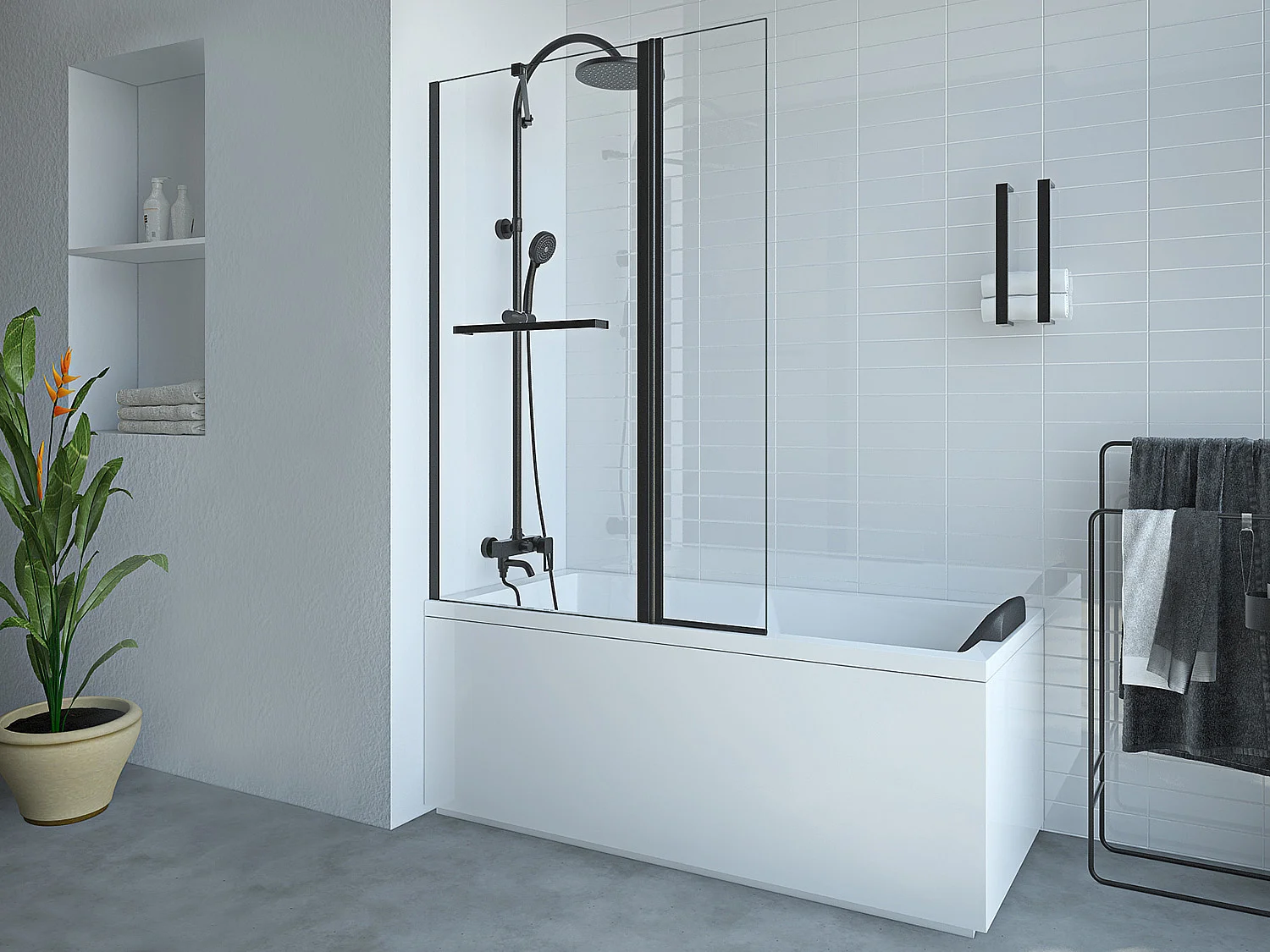 Pare baignoire avec porte-serviette et retour pivotant noir mat - (70 + 30) x 140 cm - PRIMAEL