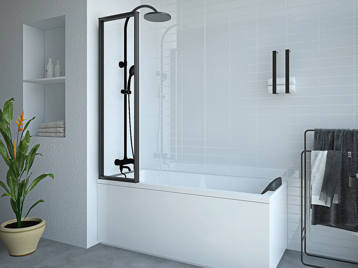 Mampara para bañera plegable de metal negro mate estilo atelier - 120 x 140 cm - DISTRICT