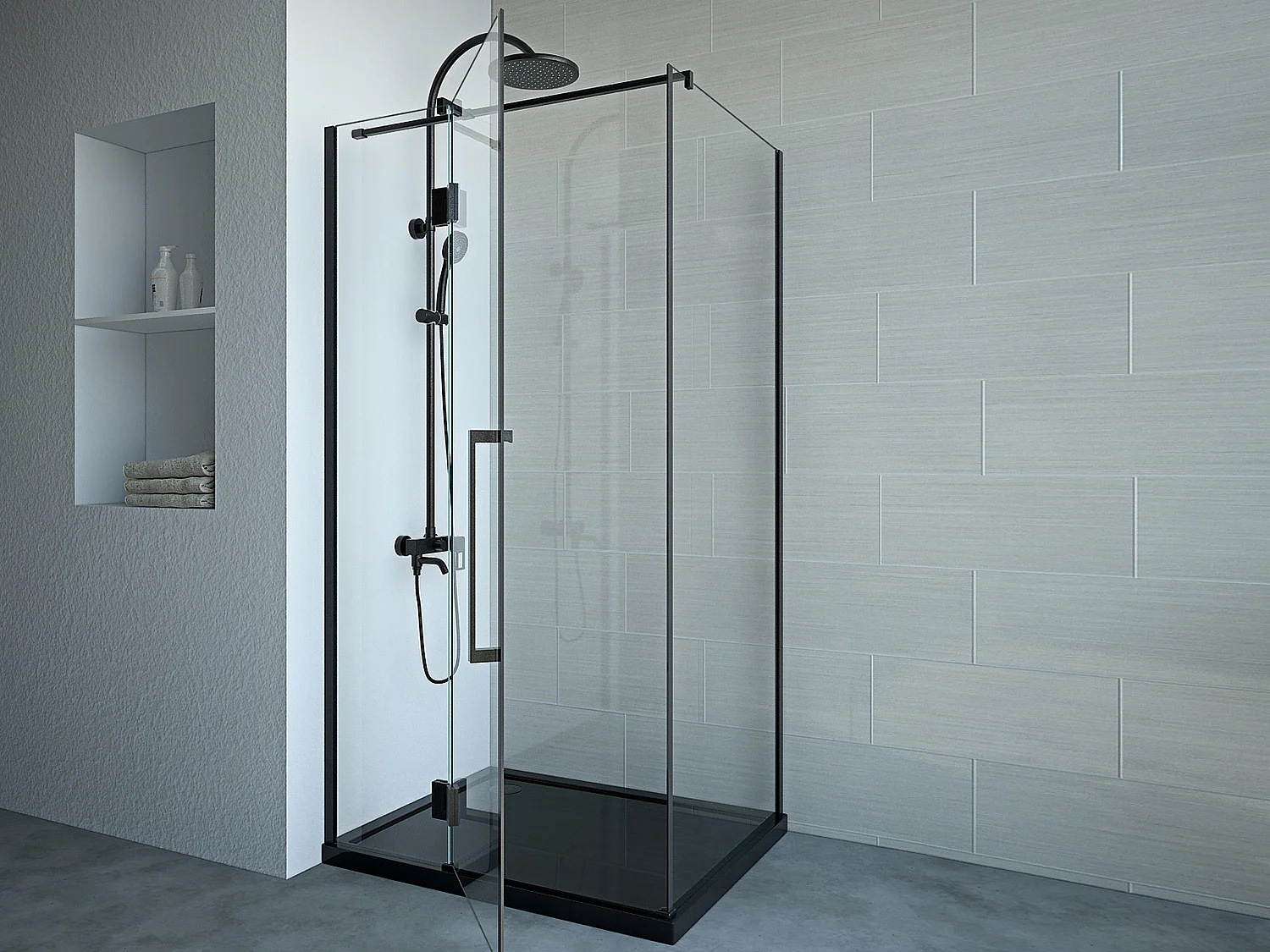 Mampara de ducha fija con puerta pivotante negro mate estilo industrial - 80 x 100 x 190 cm - PRINCETON