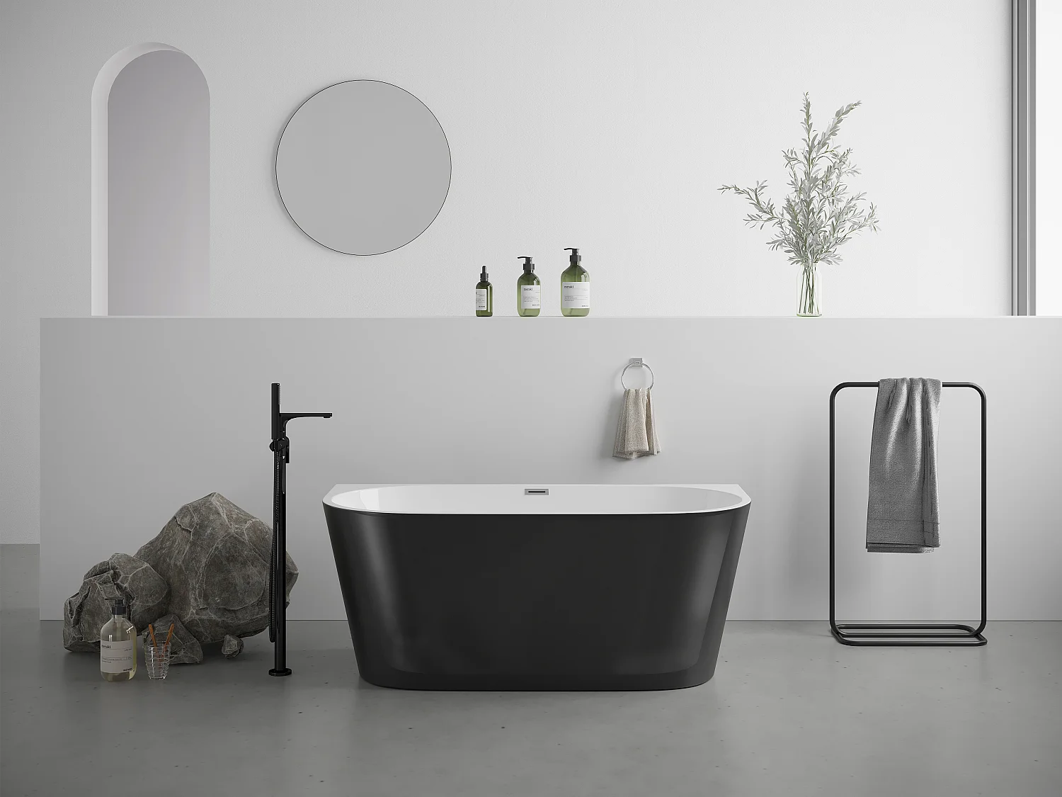 Halb freistehende Badewanne - 175L - 130 x 71,5 x 58 cm -  Acryl - Schwarz matt - DIVINA