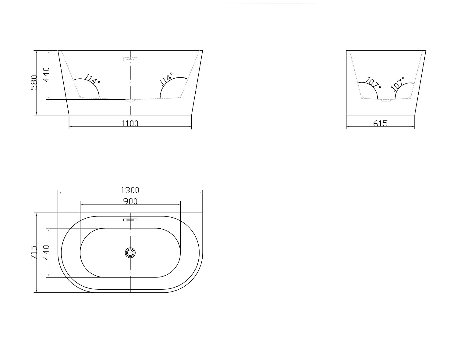 Halb freistehende Badewanne - 175L - 130 x 71,5 x 58 cm -  Acryl - Schwarz matt - DIVINA