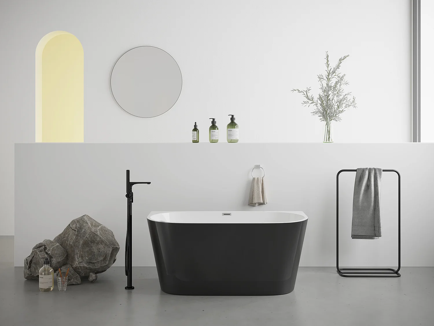 Halb freistehende Badewanne - 200L - 150 x 75 x 58 cm -  Acryl - Schwarz matt - DIVINA