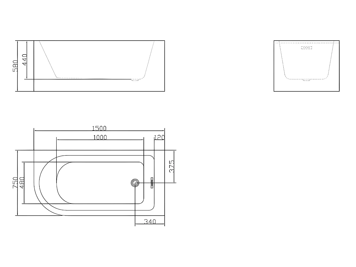 Eckbadewanne - 201L - 150 x 75 x 58 cm - Ecke Rechts - Weiß - AKINA
