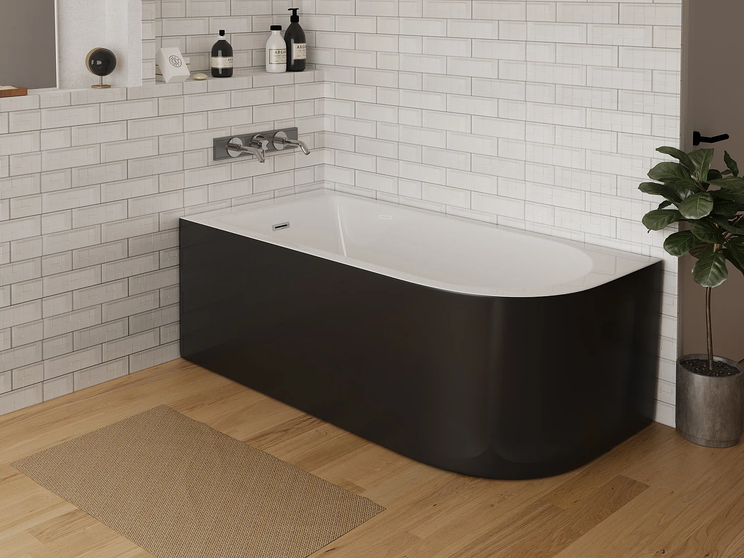 Baignoire d'angle - 240L - 170 x 75 x 58 cm - Noir brillant - Angle gauche - ANIKA